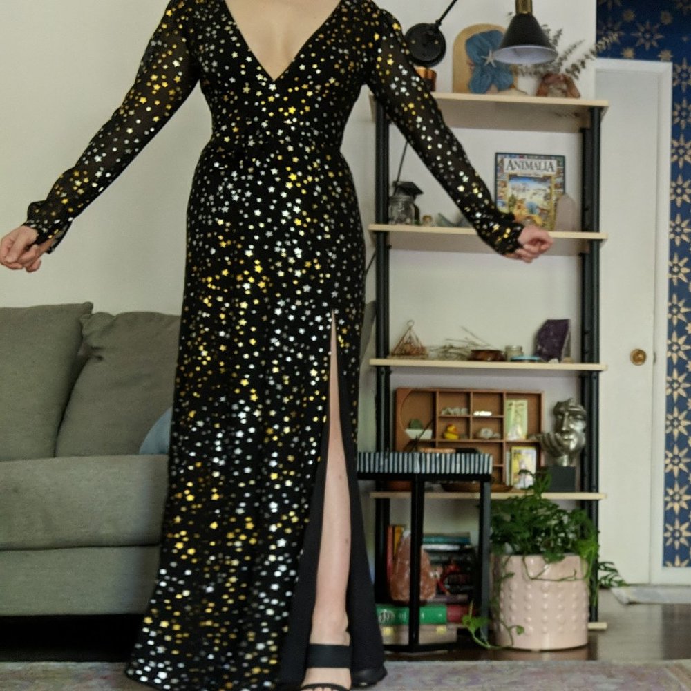 Silver + Gold Star, Slit Leg Maxi - Metallic Formal Dress, Thigh Slit Gown